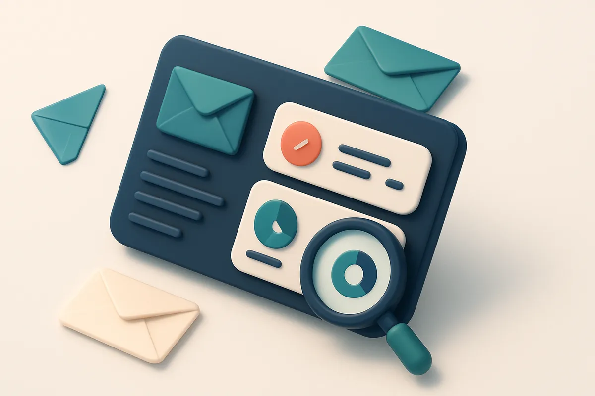 Hero: an isometric illustration of an email dashboard with metrics like open rate and click-through rate displayed, surr