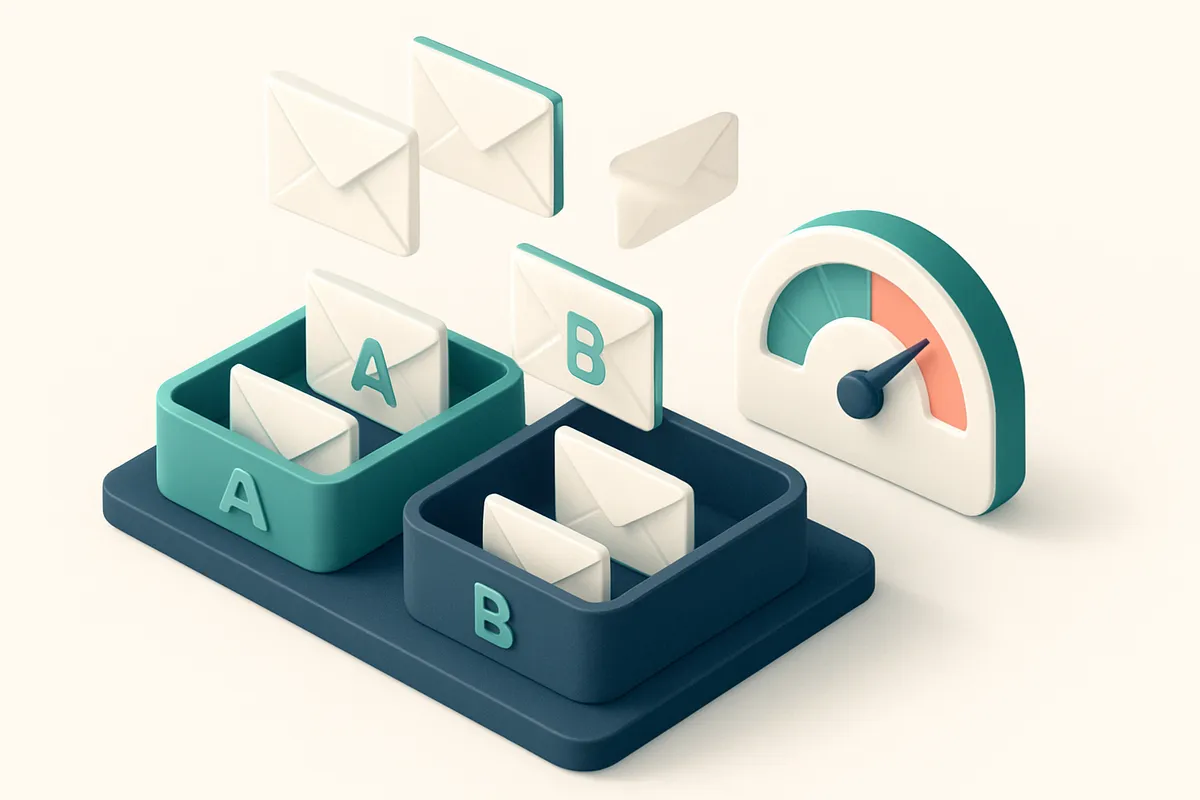 Hero: an isometric email inbox split into two sections with envelopes flowing into each, marked 'version A' and 'version