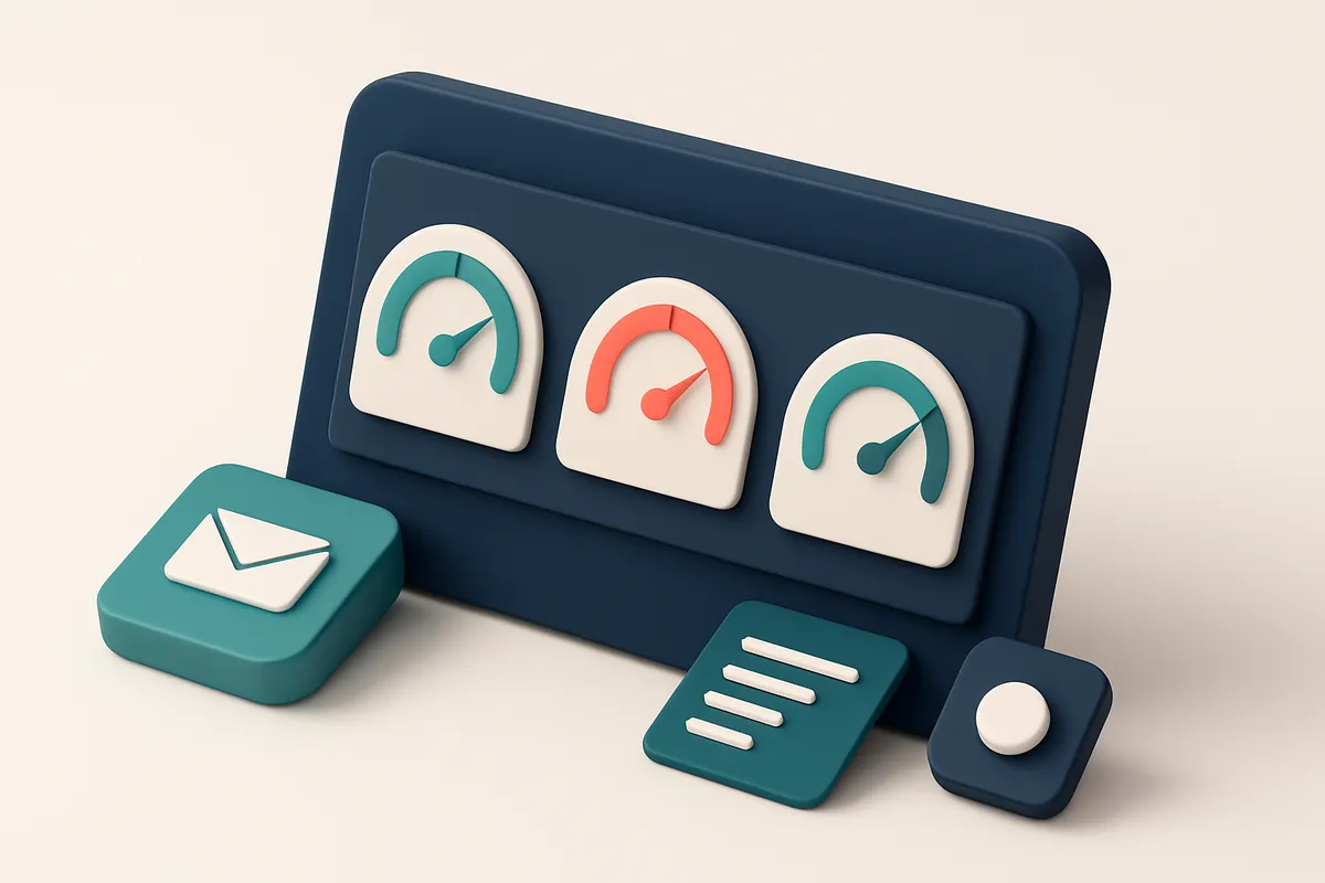 Hero: an isometric dashboard with email metrics displayed on screens, showing gauges for delivery, open, and click-throu