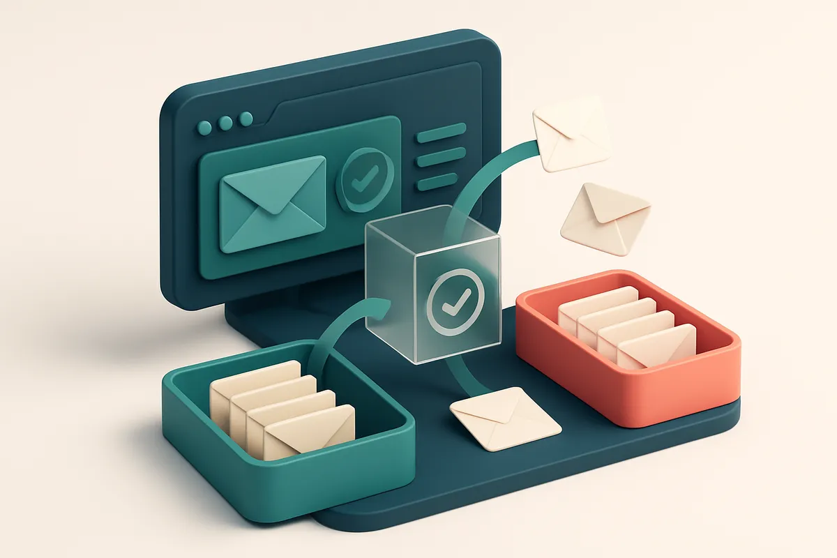 Hero: A sleek, isometric dashboard display with email envelopes moving through a transparent verification process, with