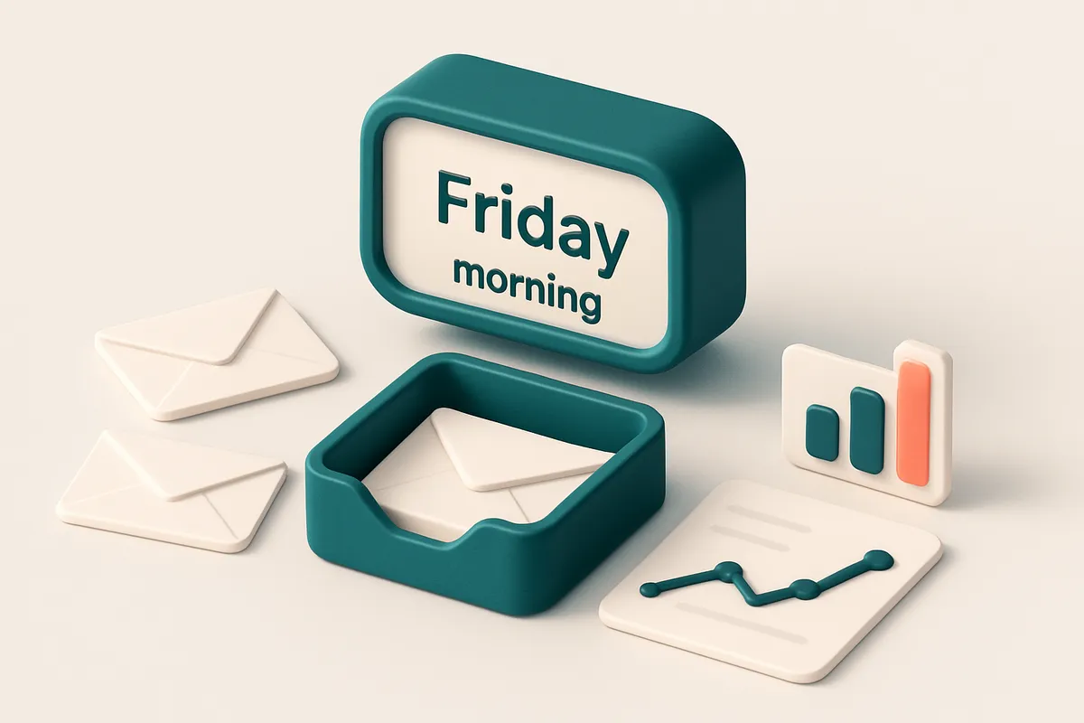 Hero: a digital clock showing Friday morning over an email inbox with envelopes and statistical graphs around.