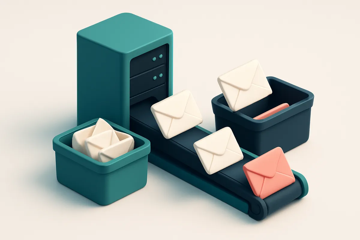 Hero: an isometric server room with email envelopes being sorted into 'valid' and 'invalid' bins via a conveyor belt.