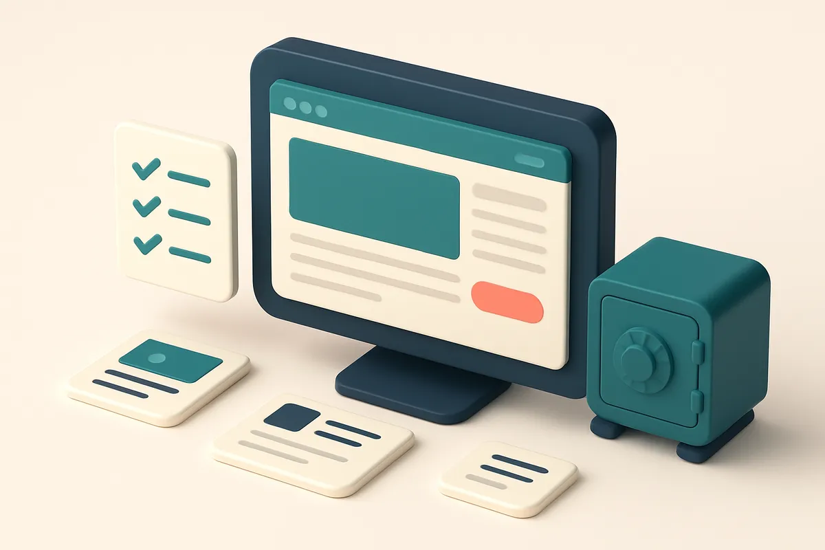 Hero: an isometric view of a website homepage on a large monitor with a checklist and a digital safe representing securi