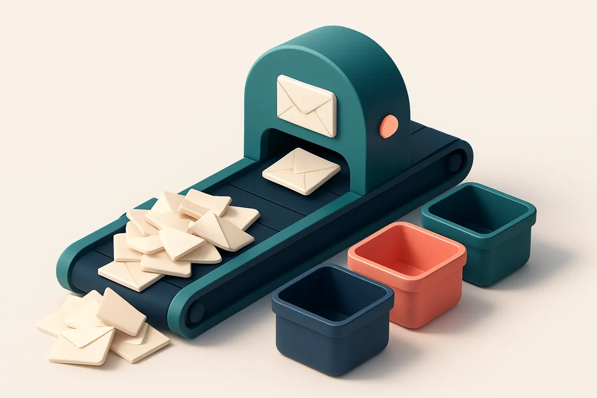 Hero: An isometric illustration of a conveyor belt system sorting a heap of envelopes into 'valid', 'invalid', and 'risk