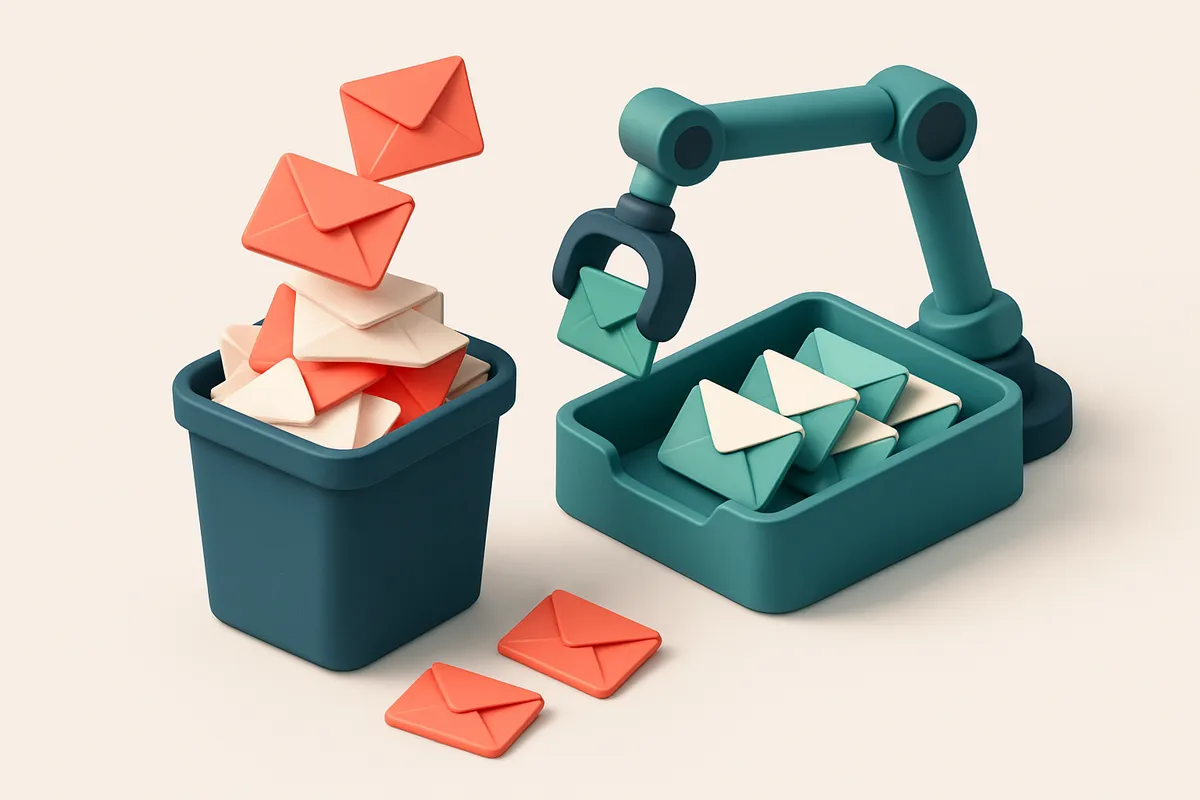 Hero: an isometric illustration of an overflowing inbox with red envelopes falling into a trash can and green envelopes