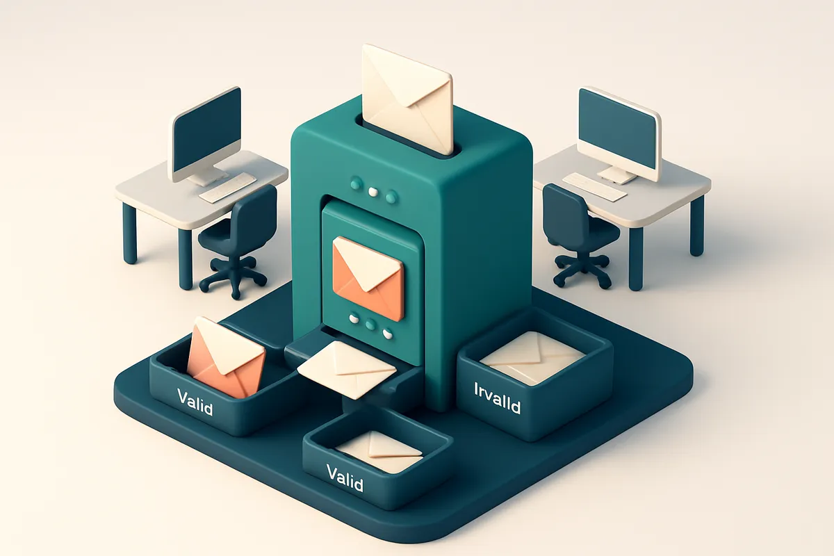 Hero: an isometric office setting with computers connected to a central server labeled 'Email Verification'. The server