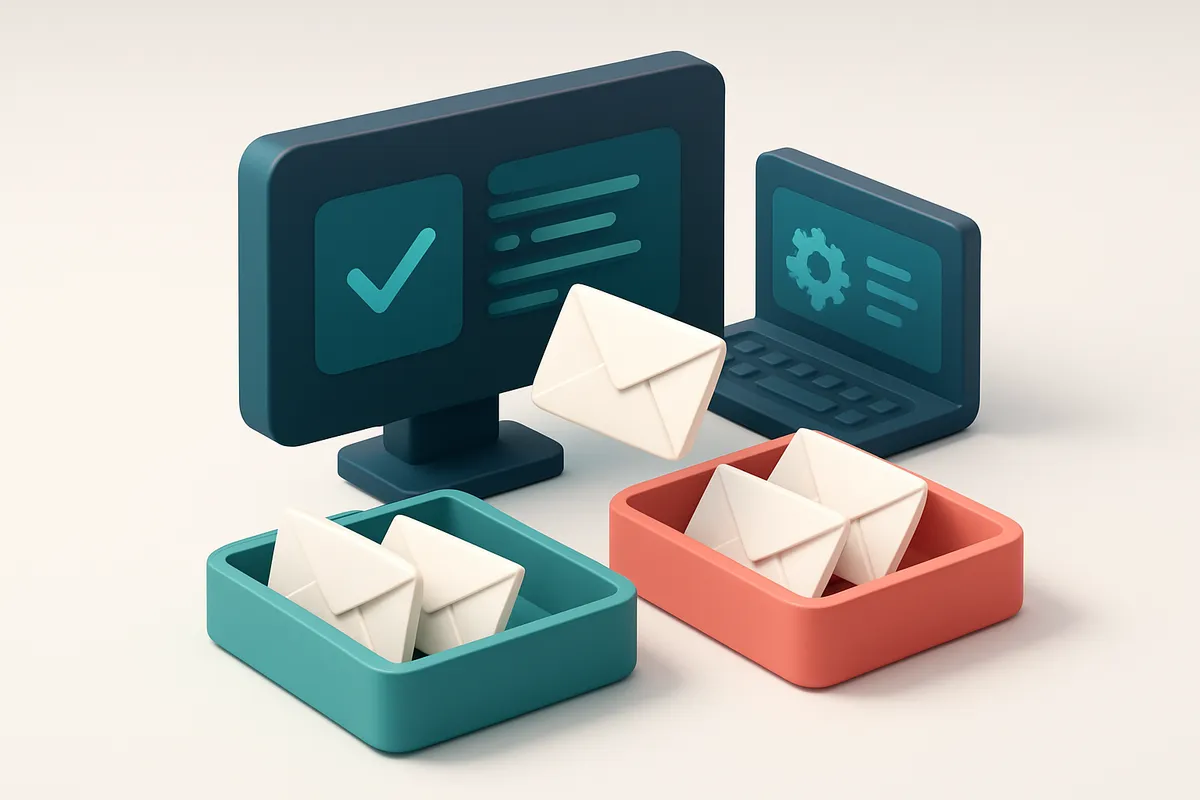 Hero: an isometric email inbox with envelopes being sorted onto a green 'valid' tray and a red 'invalid' tray, computers