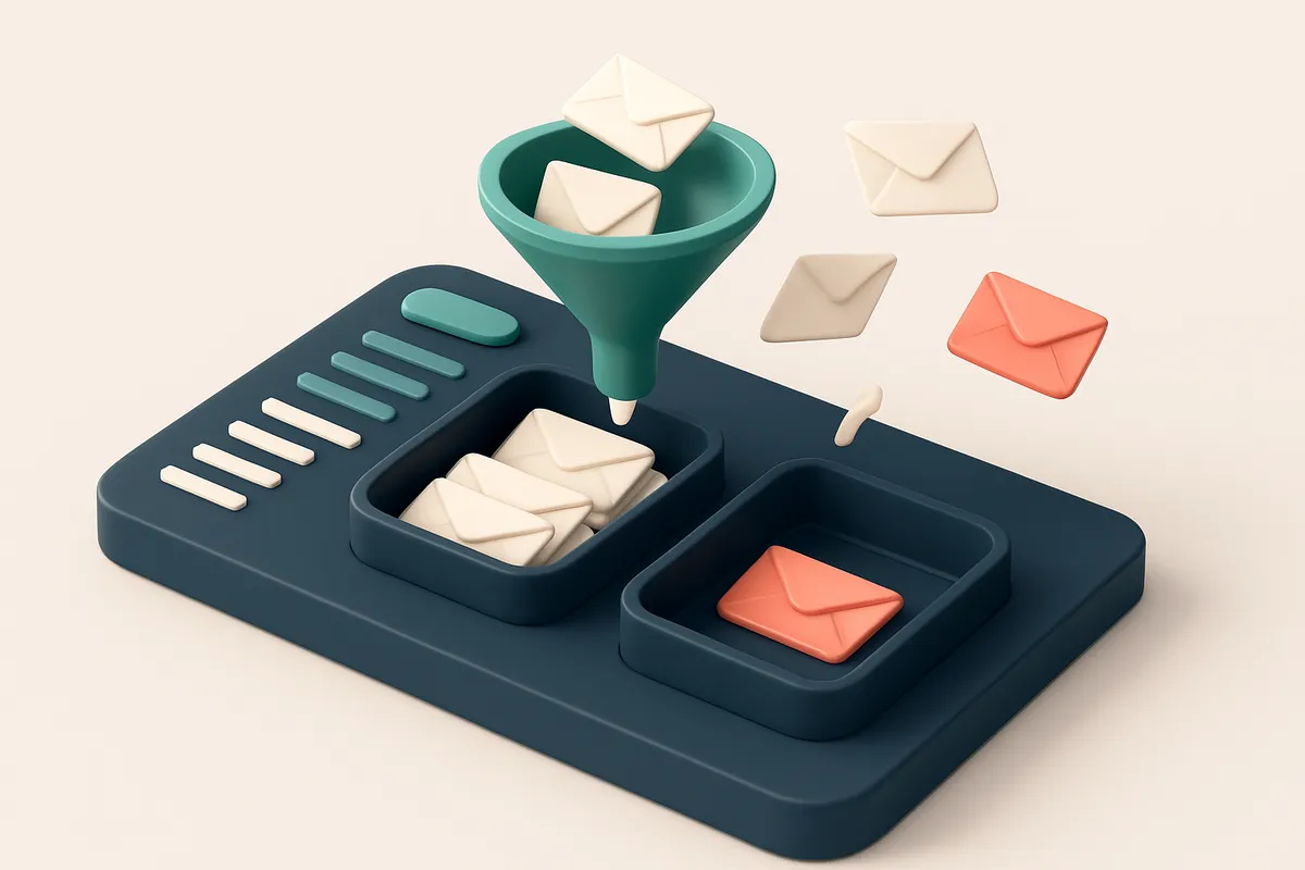 Hero: an isometric email dashboard showing a funnel with valid emails being sorted into the inbox and bounces being redi