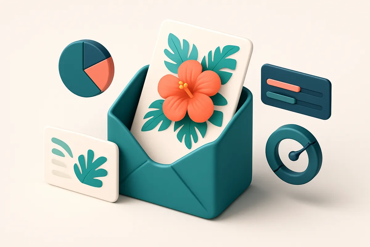 Hero: an isometric illustration of an email inbox receiving colorful, tropical-themed newsletters, surrounded by gauges