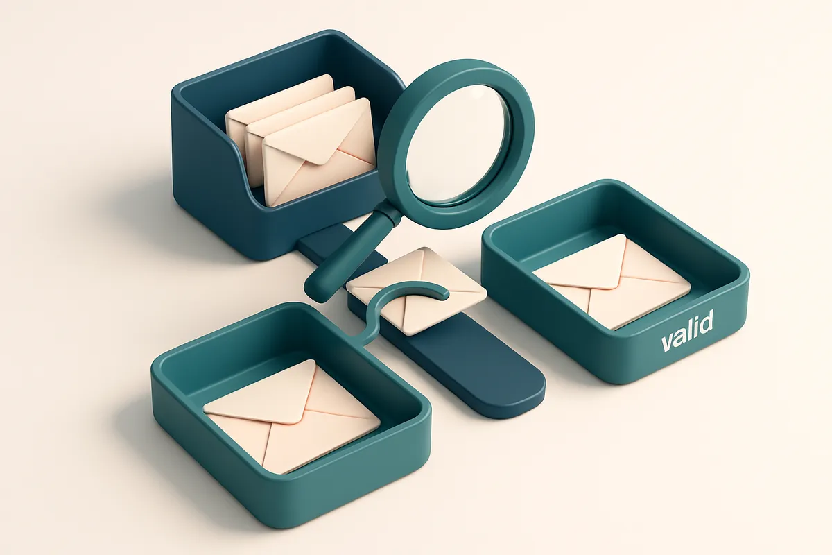 Hero: An isometric email inbox with envelopes being sorted into two trays labeled 'valid' and 'invalid', with a magnifyi