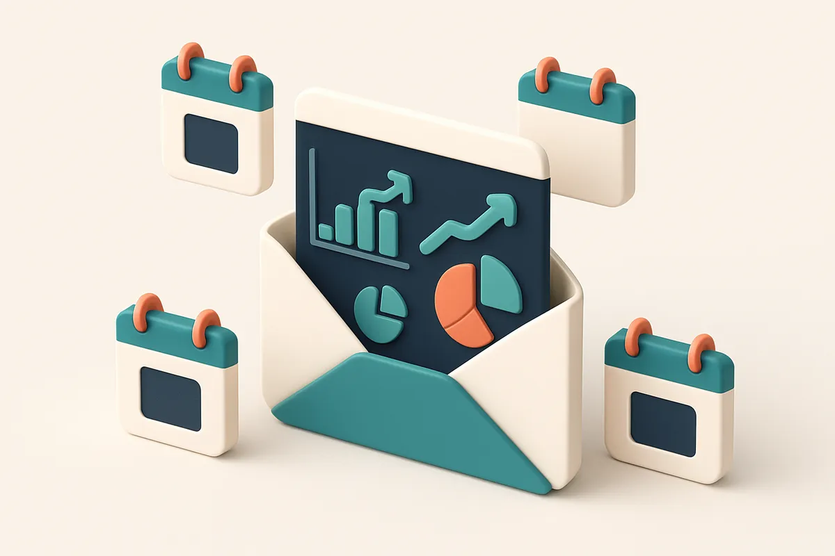 Hero: An isometric illustration of an email dashboard showing graphs and charts indicating improvements, surrounded by T