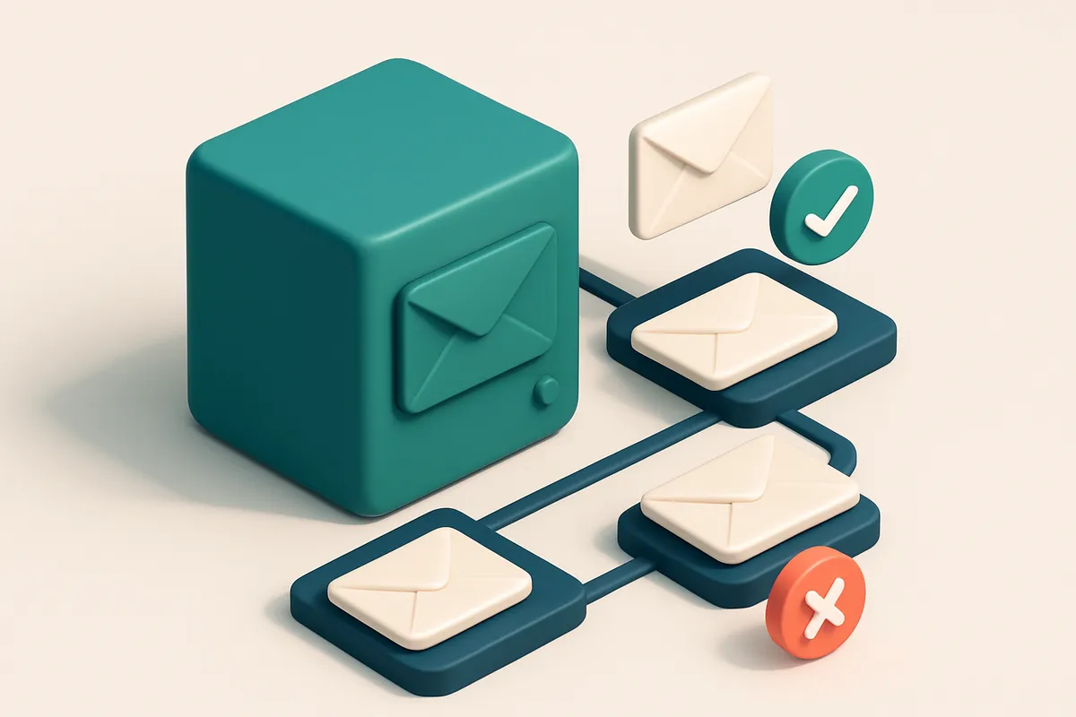 Hero: an isometric email server with envelopes being processed through validation stages, with green checkmarks and red