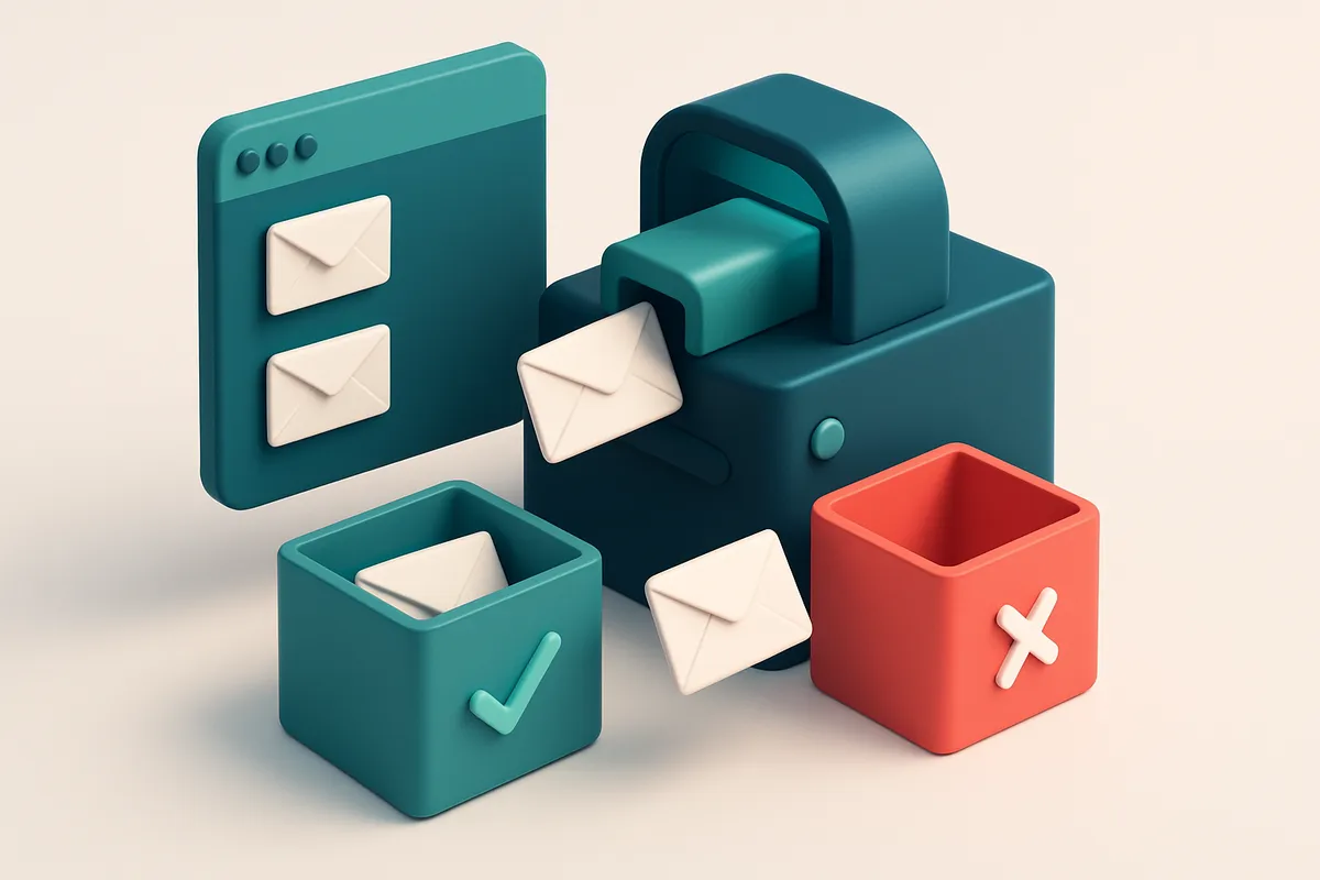 Hero: an isometric email inbox with envelopes being filtered by a scanning device into green 'valid' and red 'invalid' b