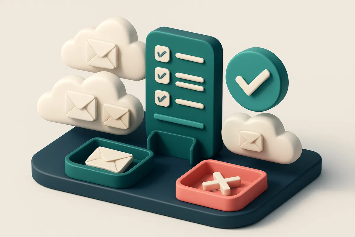 Hero: an isometric illustration of a dashboard with clouds of email envelopes being filtered through compliance checklis