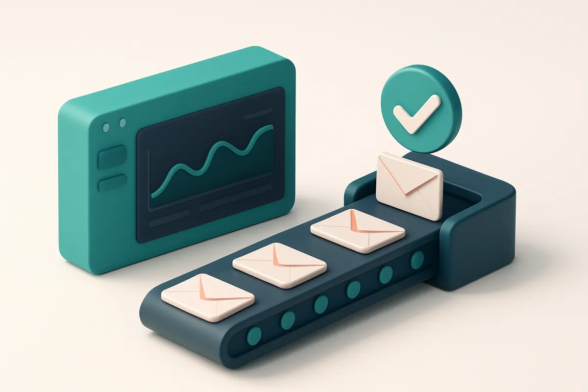 Hero: An isometric MailerLite dashboard in the foreground with a flowing conveyor belt directly in view sorting email en