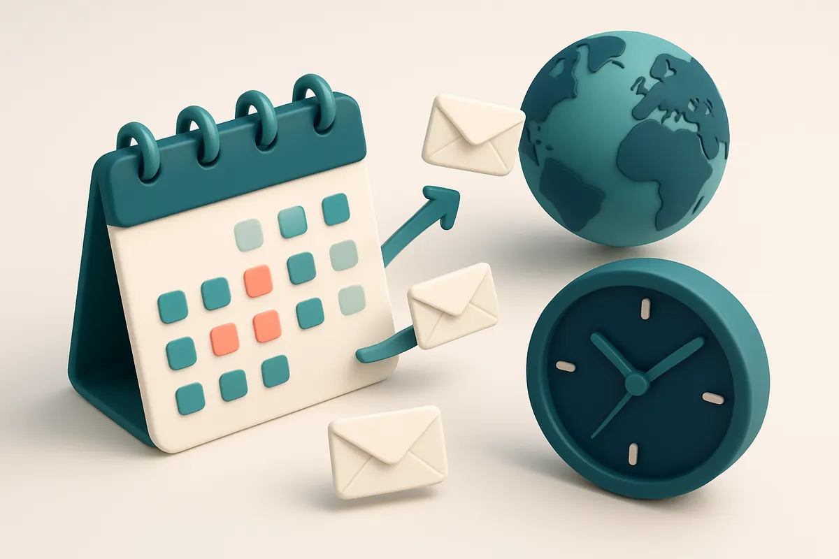 Hero: an isometric calendar with highlighted holiday dates, a clock showing different times, and email envelopes being s