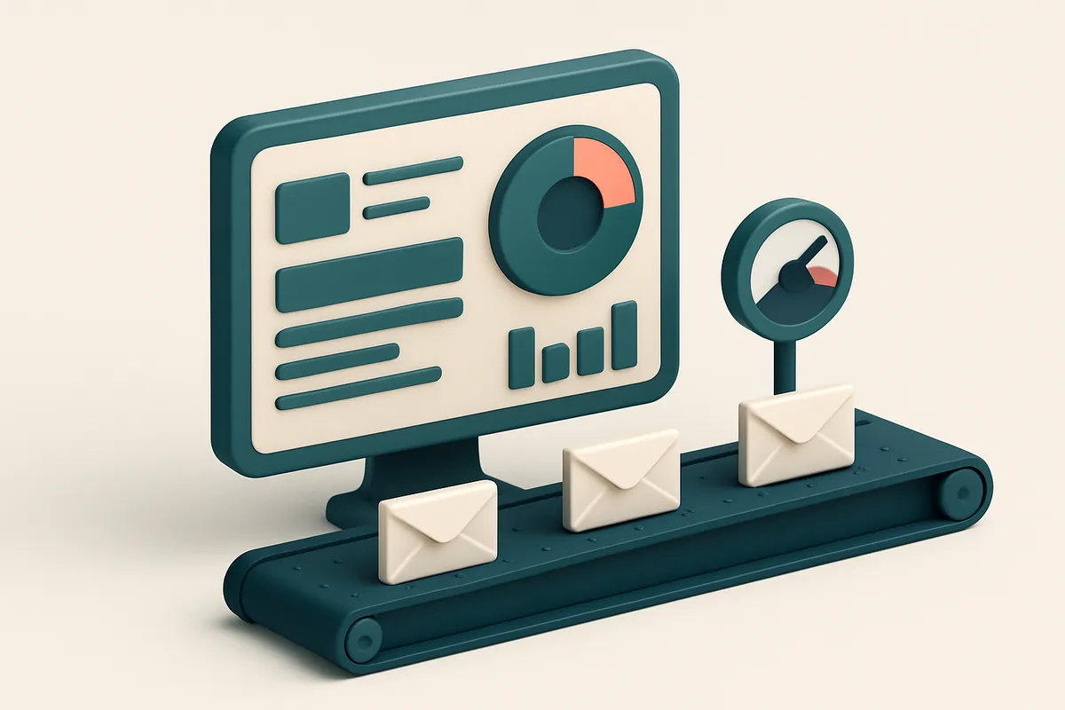 Hero: an isometric computer screen displaying a dashboard, with a conveyor belt moving envelopes and a percentage accura