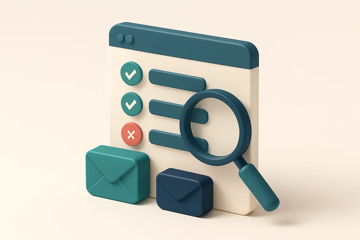 Hero: isometric illustration of an email dashboard with a large checklist showing valid and invalid email trays, a magni