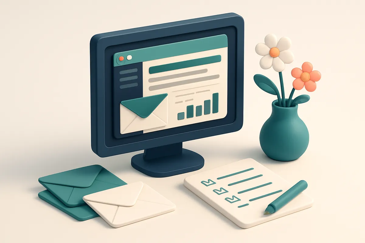 Hero: An isometric desk scene with a computer showing an email newsletter dashboard, envelopes, spring flowers, and a ch