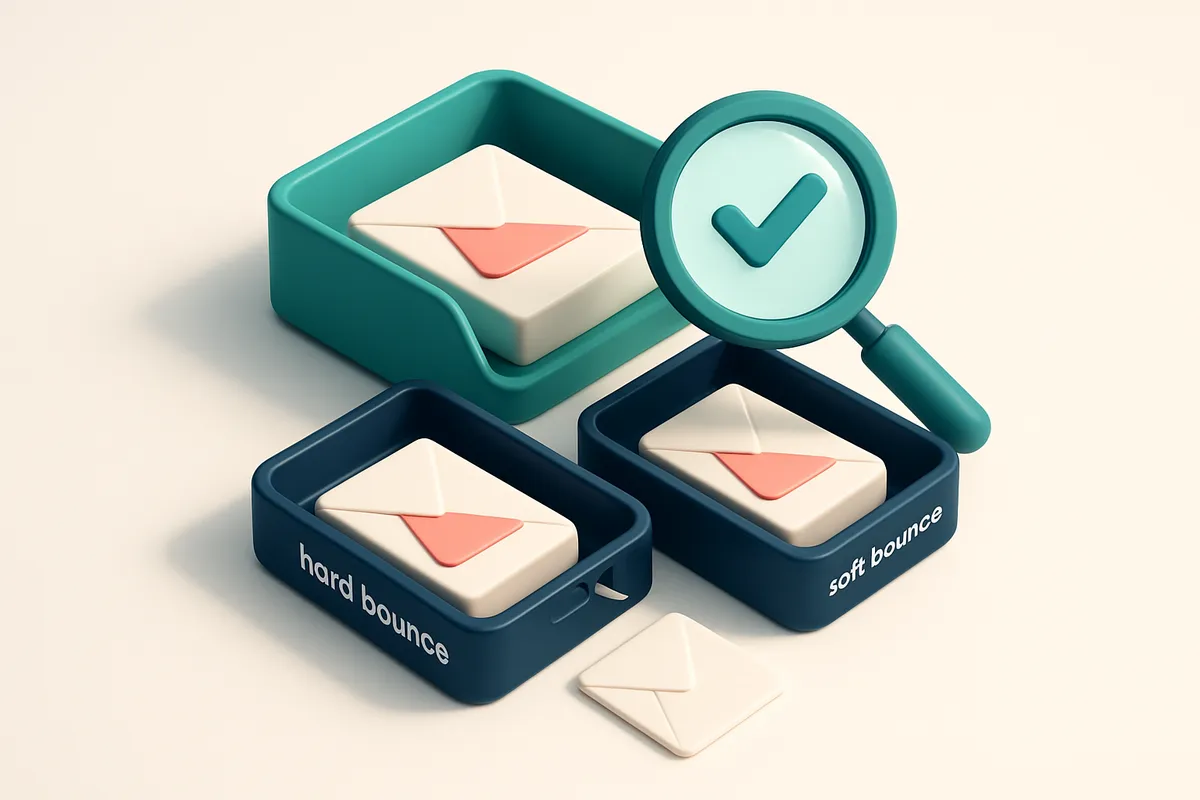 Hero: An isometric inbox with envelopes being sorted into 'hard bounce' and 'soft bounce' trays, with a magnifying glass