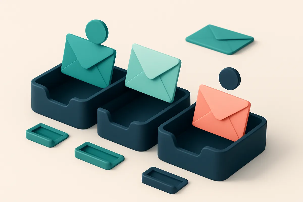Hero: an isometric email inbox with different colored envelopes entering separate folders marked for high engagement, en