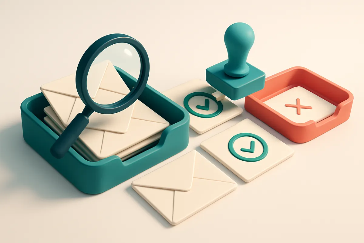 Hero: an isometric email inbox with envelopes being scanned by a magnifying glass, a green 'approved' stamp being applie