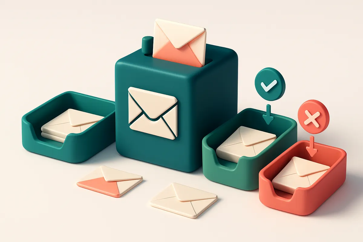 Hero: an isometric email server room with large inboxes and envelopes being sorted onto green 'valid' and red 'invalid'
