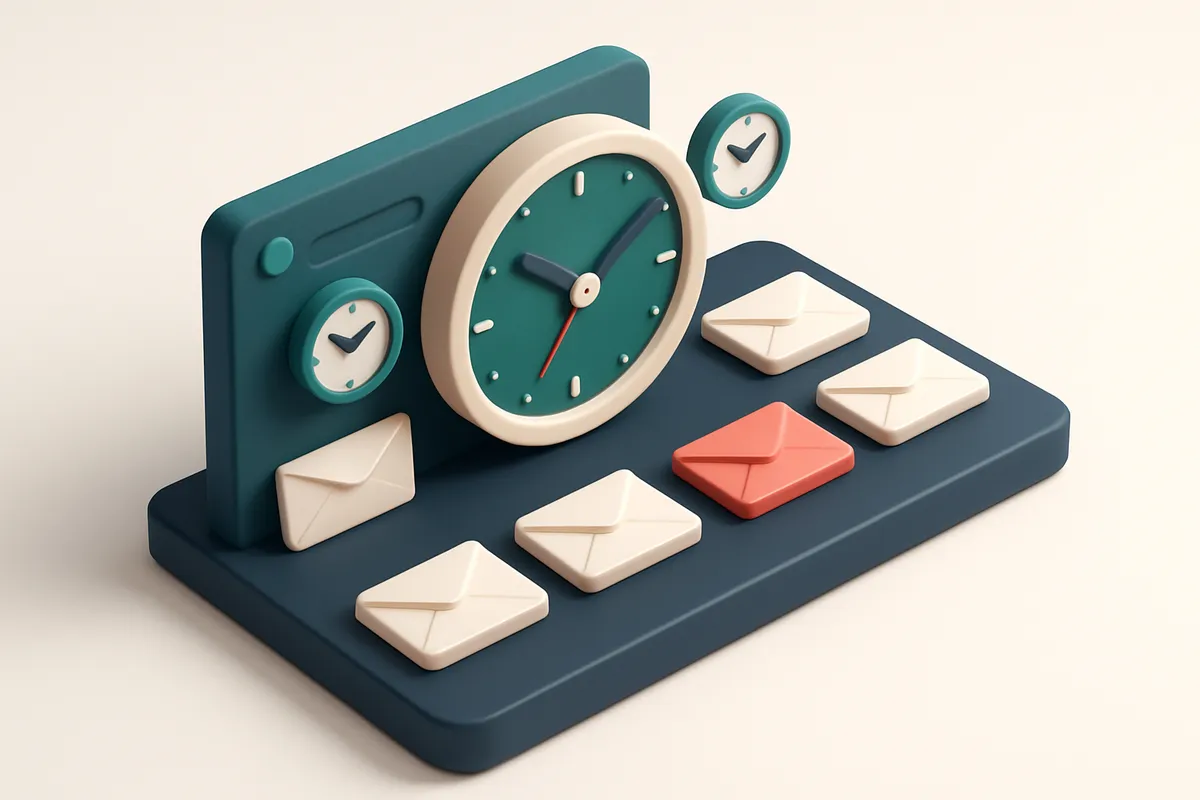 Hero: an isometric email inbox dashboard showing a clock with multiple time zones, envelopes neatly organized around it,
