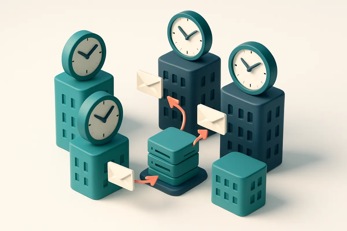 Hero: an isometric cityscape with clocks showing different time zones, each on top of a building with email envelopes be