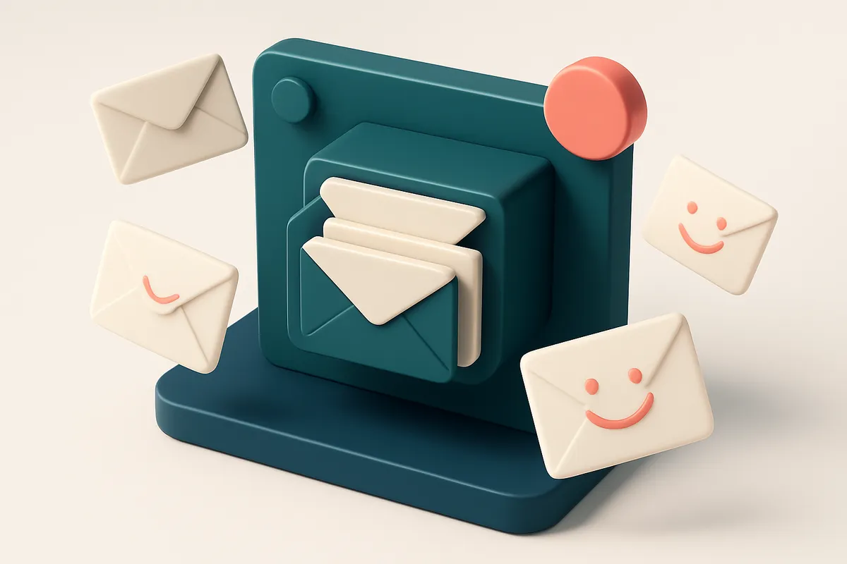Hero: an isometric email inbox with envelopes being sent out, some with smiley faces, indicating playful out of office m