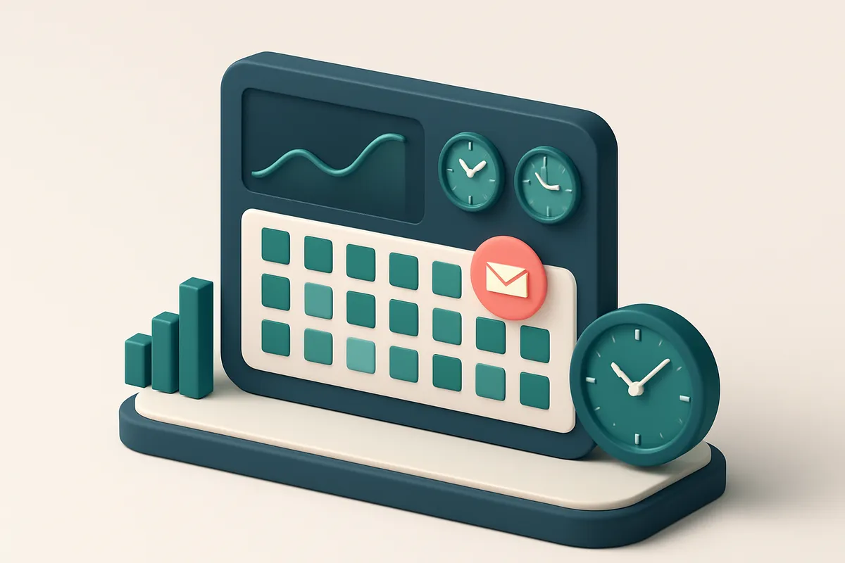 Hero: an isometric dashboard showing graphs and clocks, indicating optimal email send times on a calendar interface.