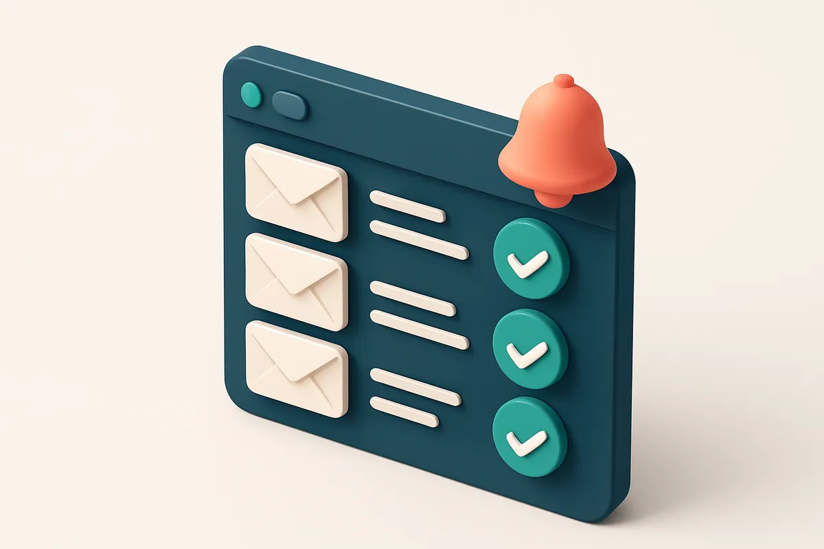 Hero: a 3D isometric illustration of a clean email dashboard showing a series of successfully sent newsletters with gree