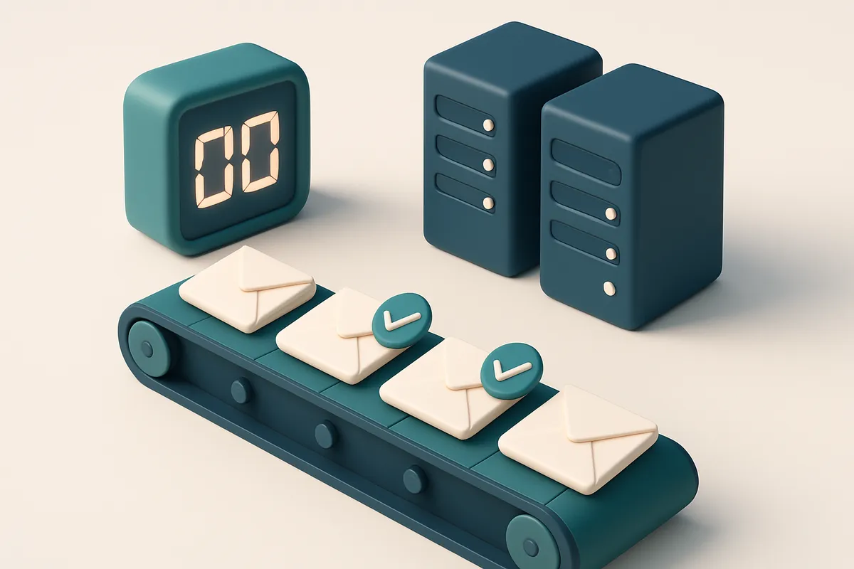 Hero: an isometric view showing a digital clock, server racks, and a row of email envelopes moving along a conveyor belt