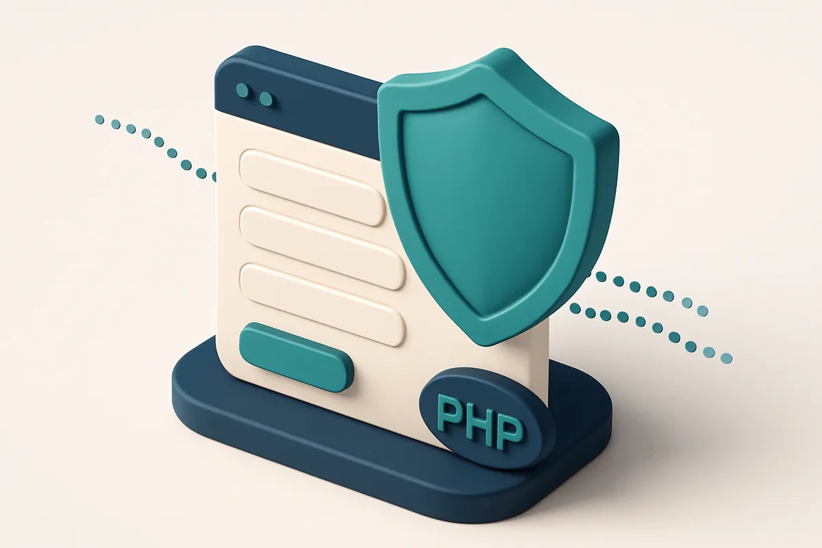 Hero: an isometric illustration of a secured PHP contact form protected by a large shield, with data strings flowing saf