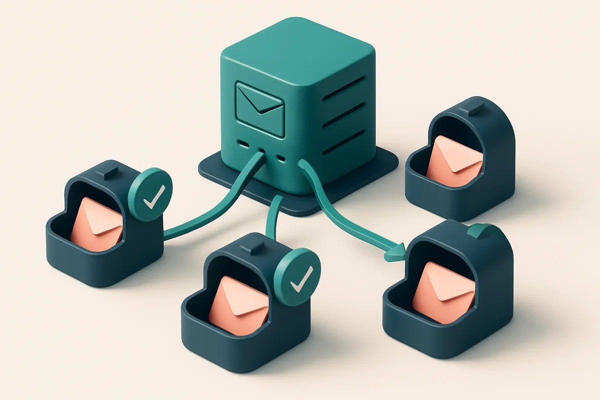 Hero: an isometric scene with an email server distributing emails to opened mailboxes, some marked with a green checkmar