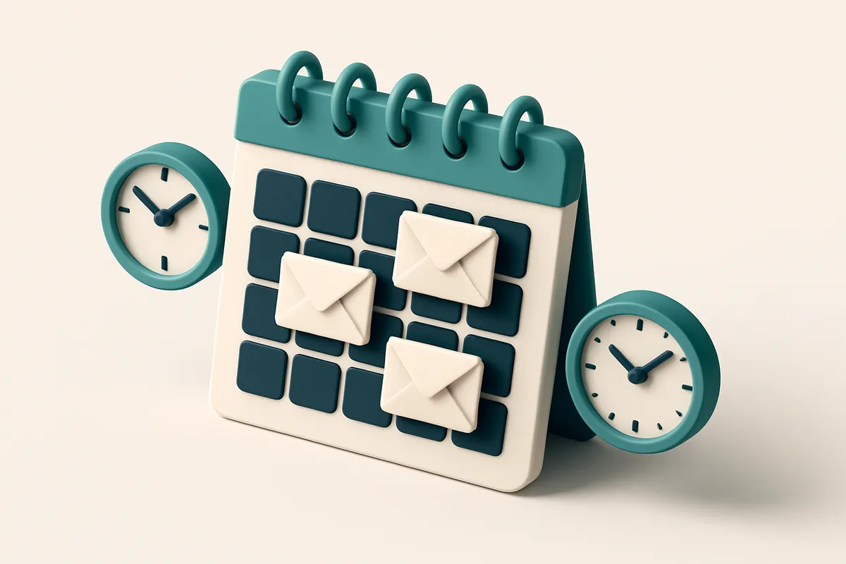 Hero: An isometric calendar with envelopes placed on the best-performing days, flanked by clock faces showing optimal se