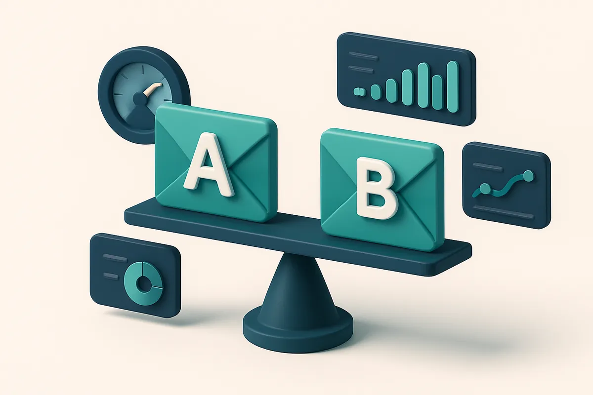 Hero: an isometric scene of two email envelopes on a see-saw scale, with one envelope marked 'A' and the other 'B', surr