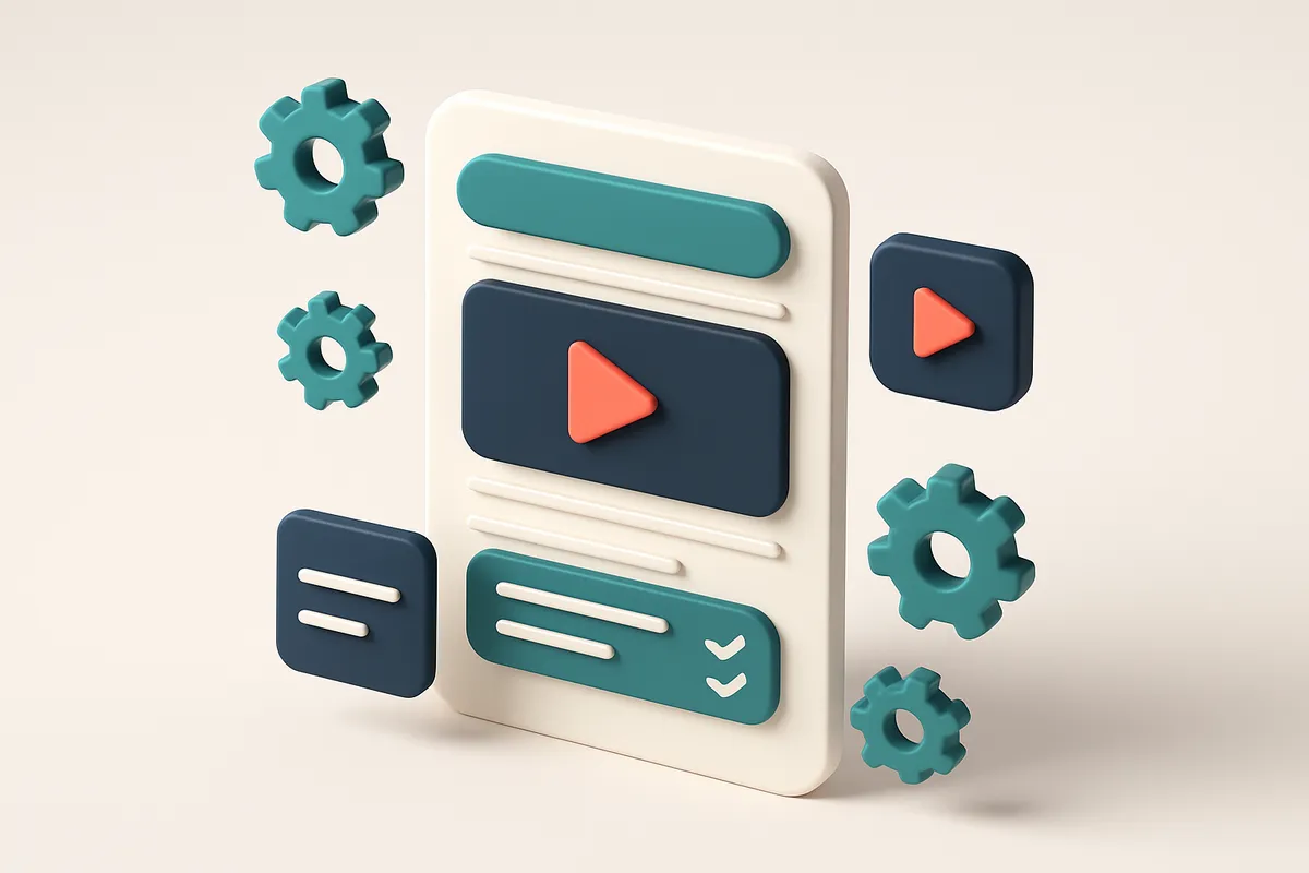 Hero: an isometric email newsletter being constructed with elements like polls and videos inserted, surrounded by gears
