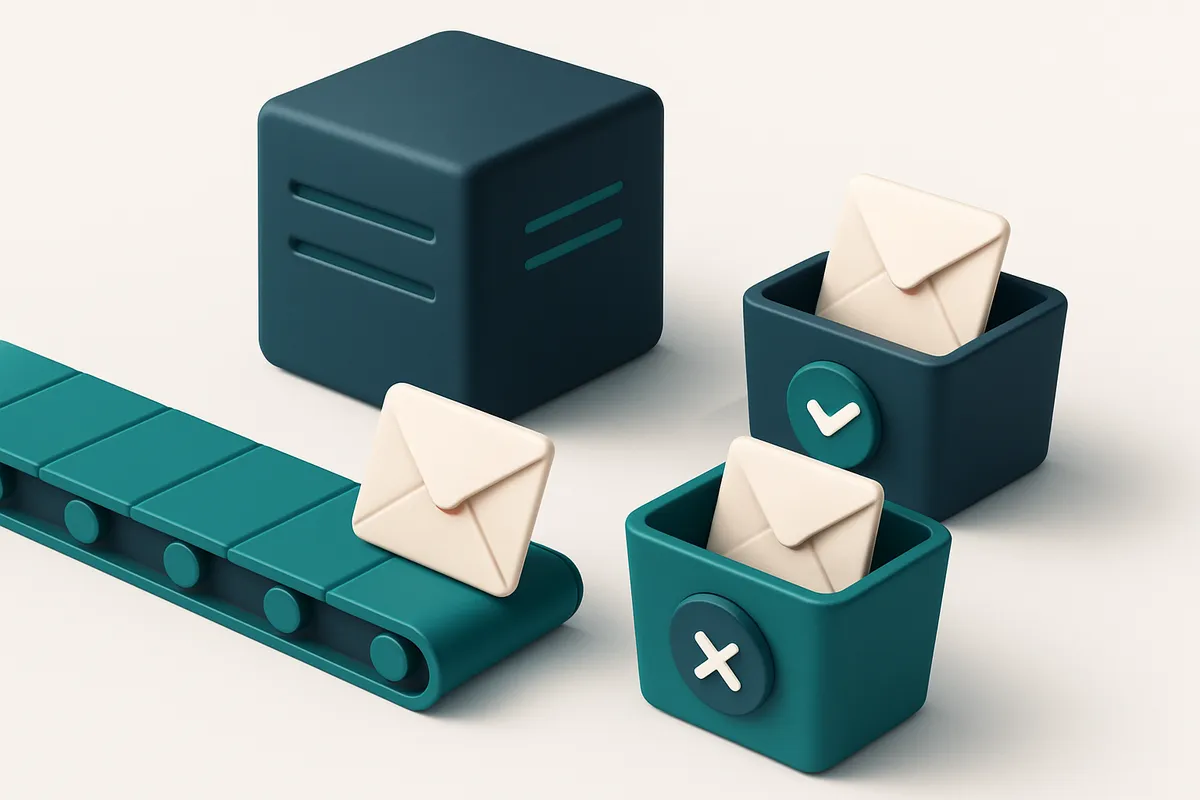 Hero: an isometric illustration of a digital conveyor belt sorting emails into 'verified' and 'unverified' bins with a l