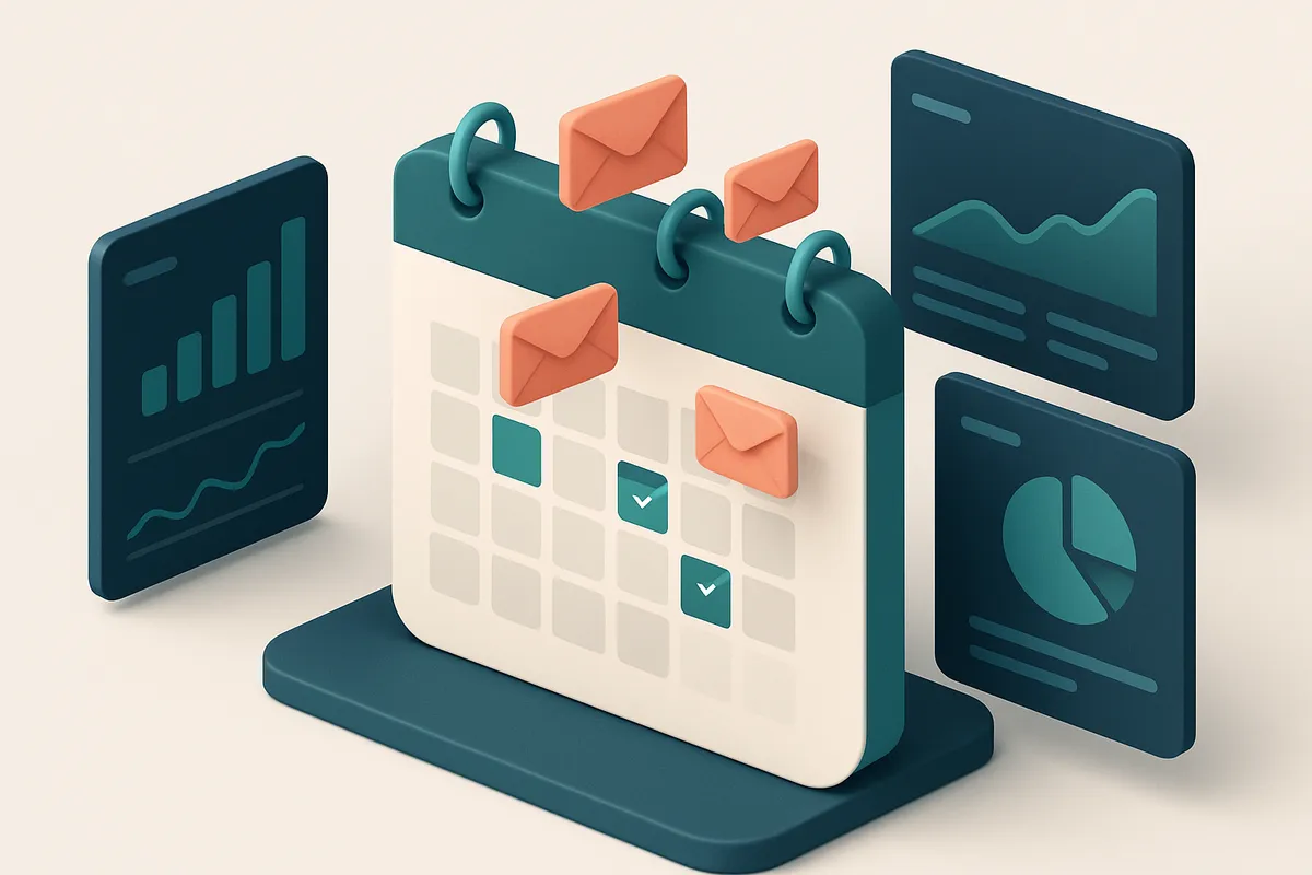 Hero: an isometric calendar with email icons hovering at different times, surrounded by digital analytics dashboards dis