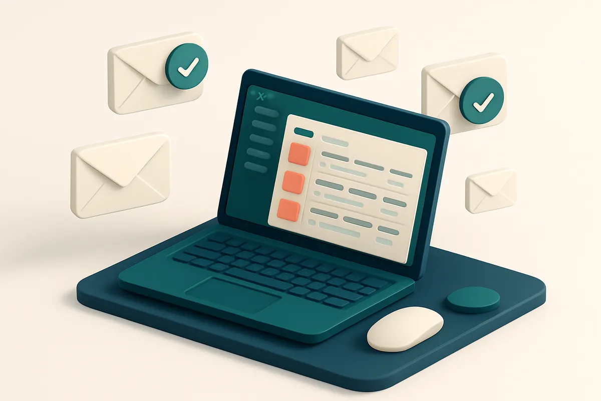 Hero: an isometric workstation setup with a laptop showing an email drafts dashboard, surrounded by floating envelopes w
