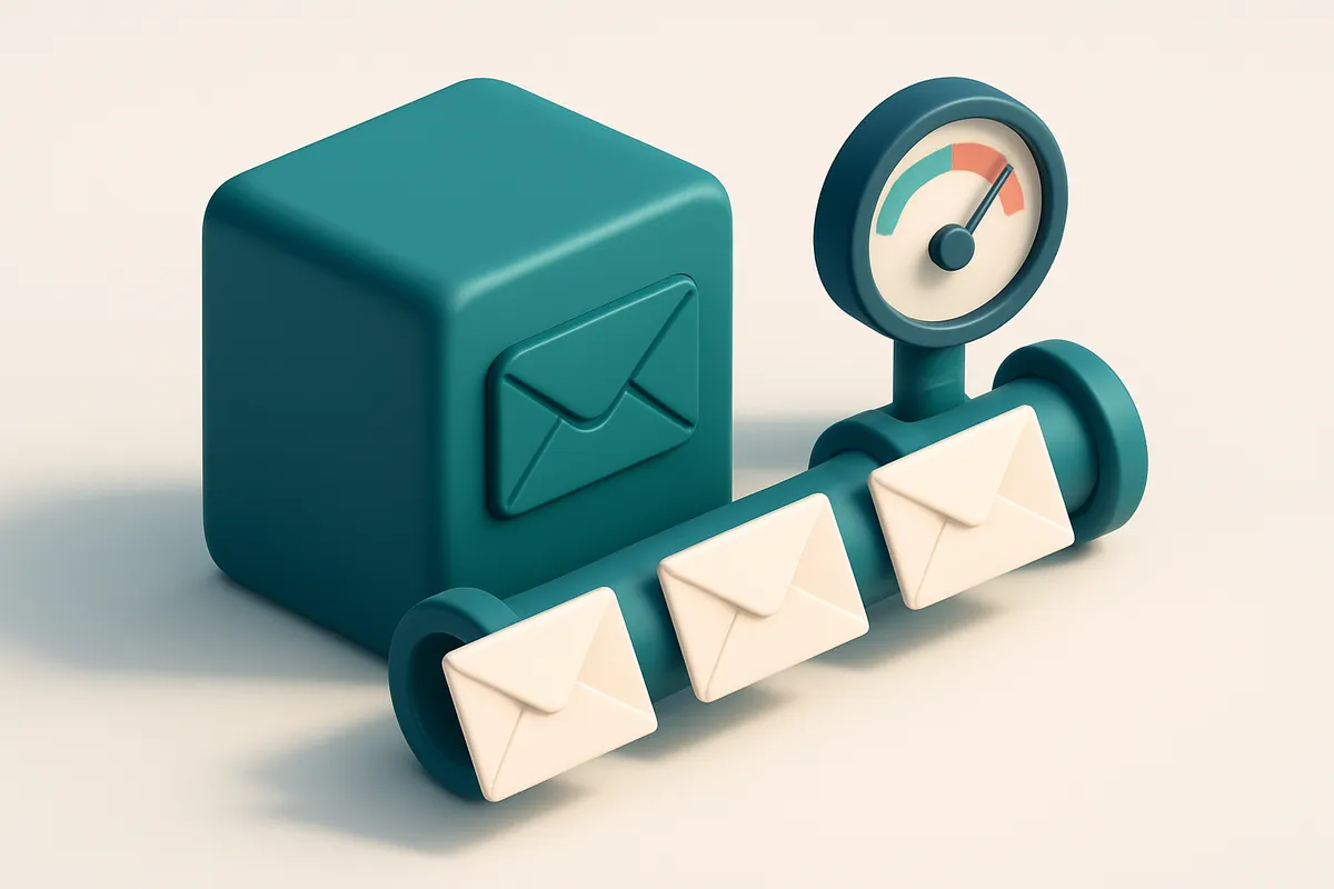 Hero: an isometric email server sending multiple envelopes through a secure pipeline, with a gauge indicating high deliv