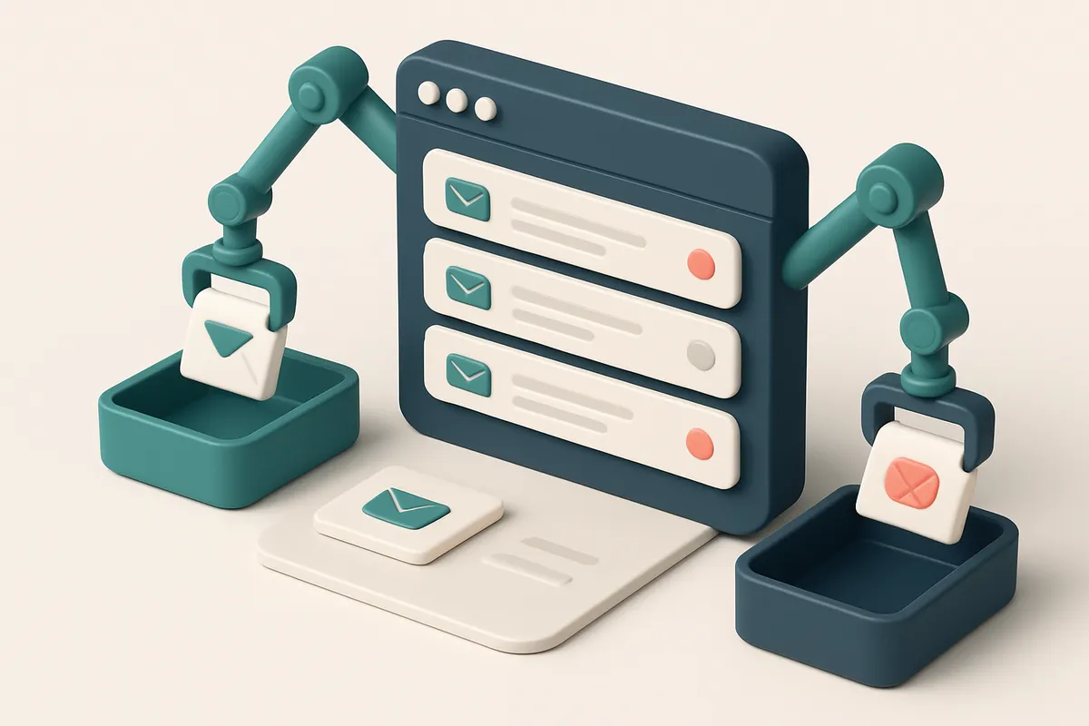 Hero: an isometric scene of an email dashboard with various emails being sorted by robotic arms into 'valid' and 'invali