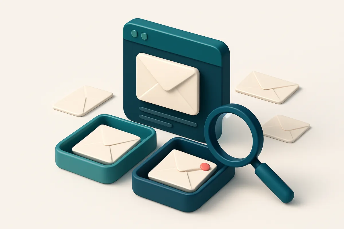 Hero: an isometric scene of an email checker tool, showing an inbox with envelopes sorted onto 'valid' and 'invalid' tra