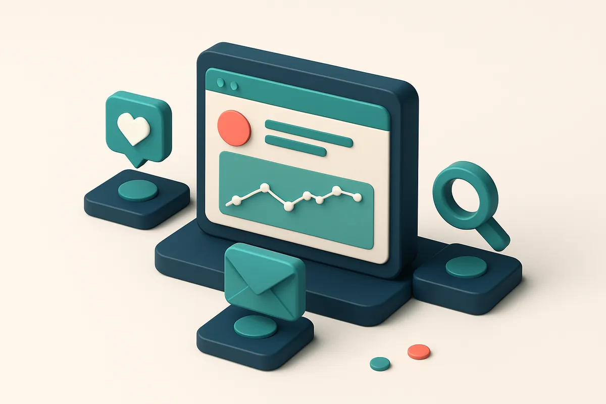 Hero: An isometric dashboard controlling multiple marketing channels, with icons for social media, email, and SEO, neatl