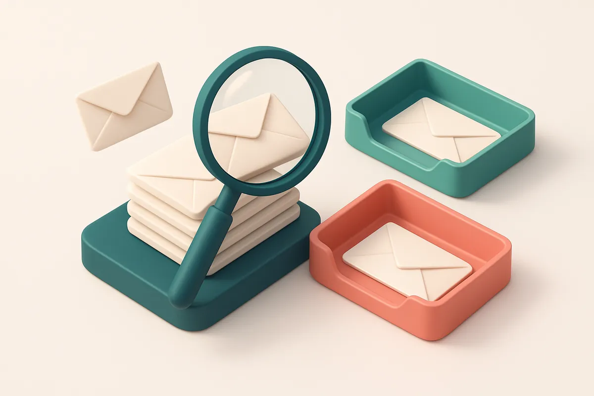 Hero: an isometric email inbox with envelopes being sorted onto a green 'valid' tray and a red 'invalid' tray, a magnify
