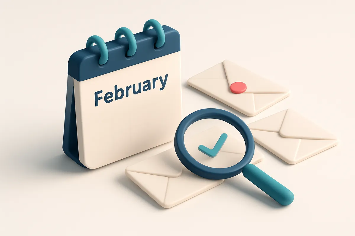 Hero: an isometric calendar page entitled February, with envelopes placed prominently, a magnifying glass over some, ill