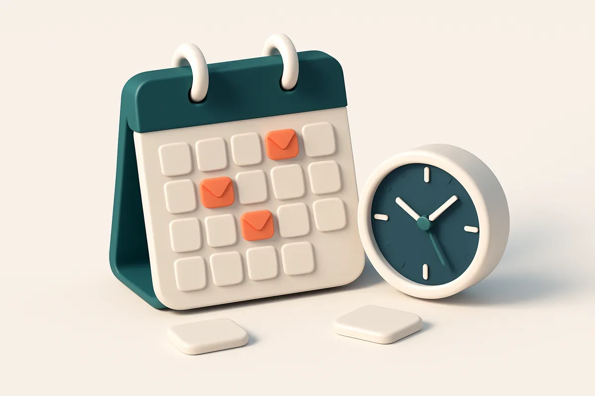 Hero: an isometric calendar marked with envelopes on optimal sending days, accompanied by a clock showing strategic time