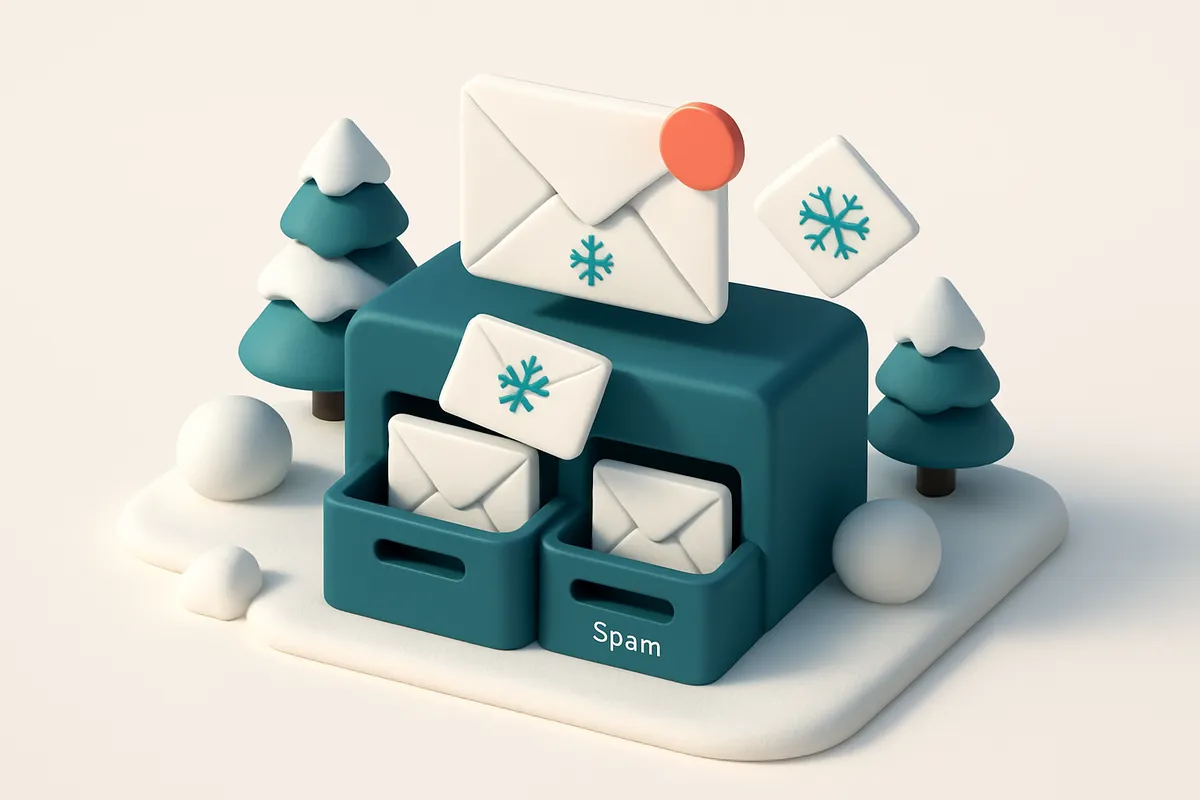 Hero: an isometric email inbox with winter-themed envelopes being sorted into inbox and spam filters, surrounded by snow