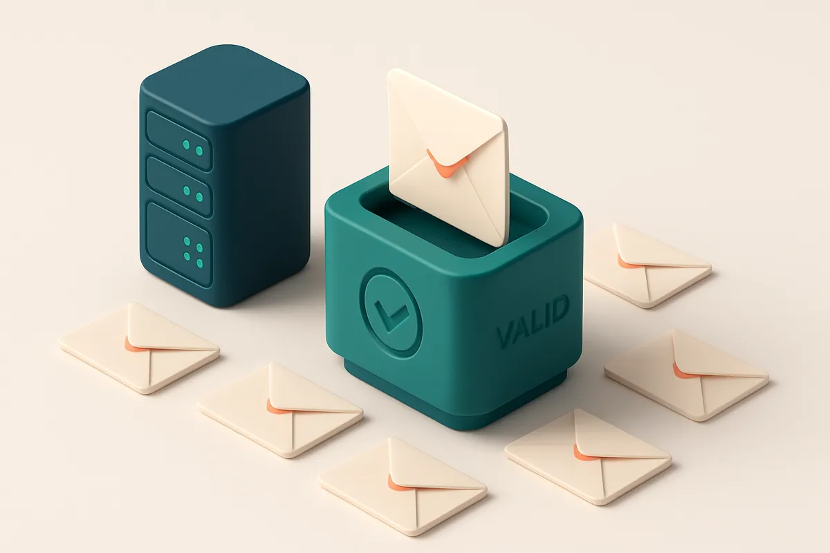 Hero: an isometric server room with an envelope moving through a filter marked valid, surrounded by rejected envelopes o